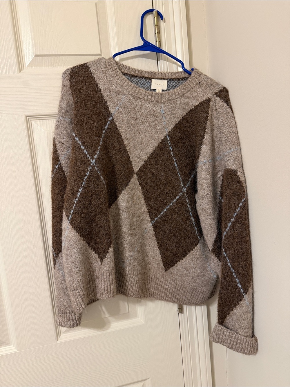 Cyrus Brown and Light Gray Argyle Crewneck Sweater